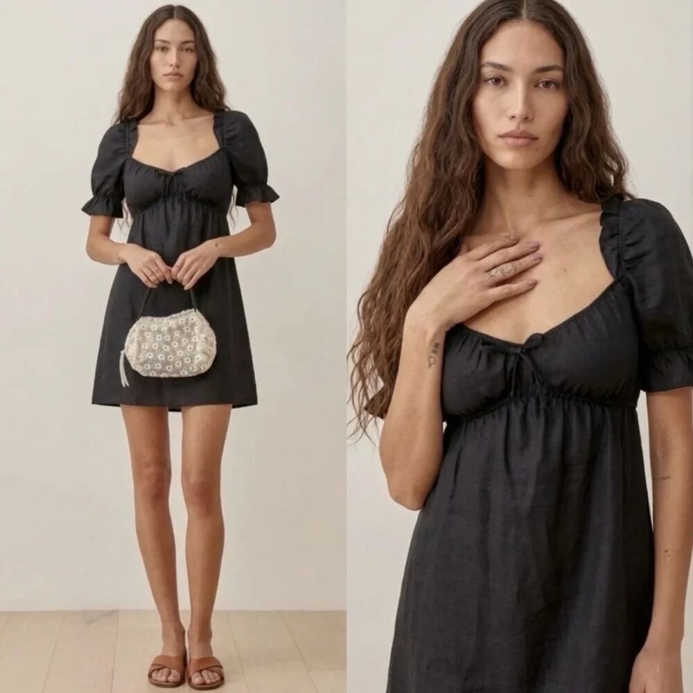 Reformation 100% Linen Puff Sleeved Channa Mini Dress Size Small Black Made Usa